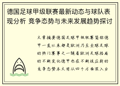 德国足球甲级联赛最新动态与球队表现分析 竞争态势与未来发展趋势探讨