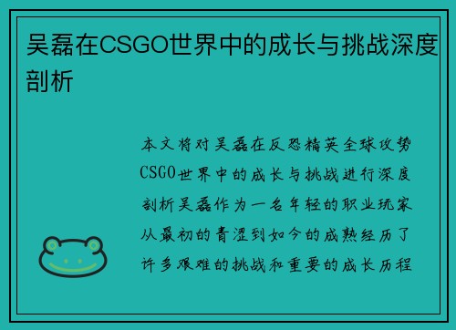 吴磊在CSGO世界中的成长与挑战深度剖析